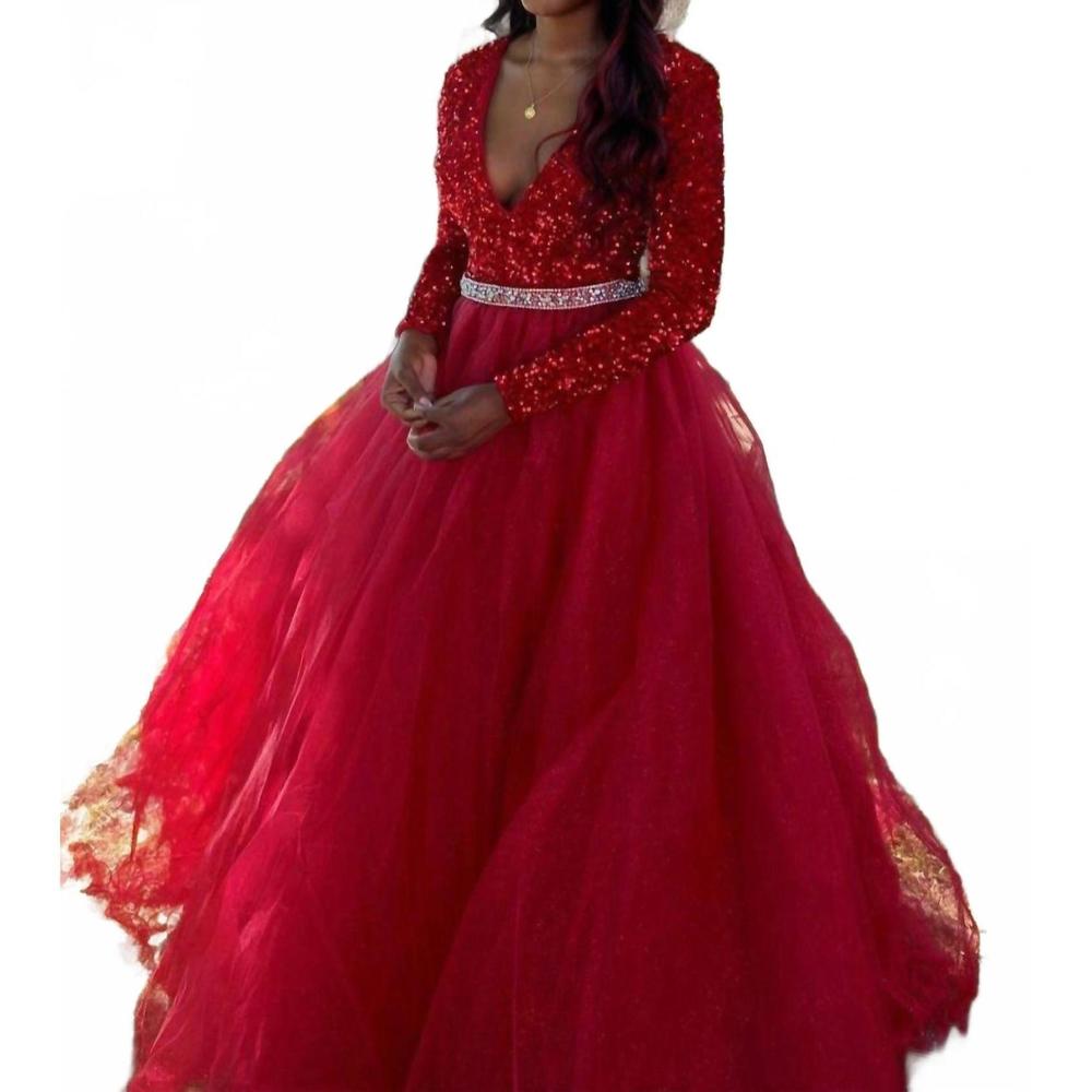 NEW AVA PRESLEY velvet sequin long sleeved ball gown in red